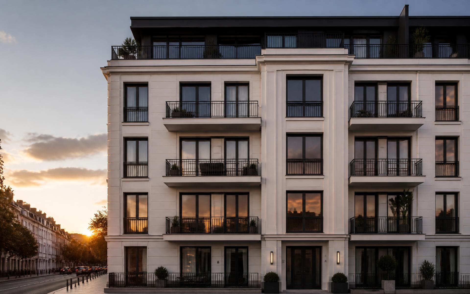 Élégant immeuble d'appartements à Bruxelles au coucher du soleil